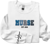 Custom Embroidered Nurse Sweatshirt Personalized Name Sleeve Gift for Women RN LPN CNA Cute Health Tee for School Medical