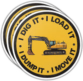 (3PCS) I Dig It I Load It I Dump It I Move It Sticker, Funny Excavator Operator Construction Vinyl Decal Waterproof for Hard Hat, Toolbox, Truck, Laptop, Water Bottle 3 Inch