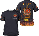 Personalized Name Firefighter Patriotic Thin Red Line Firefighter USA Flag T Shirts for Men and Women Full Size S-5XL