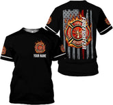 Personalized Name Firefighter Patriotic Thin Red Line Firefighter USA Flag T Shirts for Men and Women Full Size S-5XL