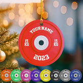mostprints Personalized Dumbbell Ornament, Fitness Gift for Gym Workout Trainer Coach Instructor, Barbell Weight Plates Custom Ornament for Weightlifter, Weightlifting Ornament (D1)