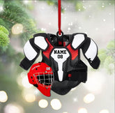 Personalized Hockey Ornaments for Xmas 2022, Ornament, Helmet & Gloves Wood Christmas Gift Lovers, Pine Tree Hanging Decor Red