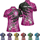 Custom 3D Bowling Polo Shirts for Women Personalized Team Name Gift Womens Customized Funny Bowling Short Sleeve Polo Shirt