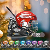 Hockey Helmet Christmas Ornament, Hockey Team Christmas Ornaments, Hockey Family Ornament, Hockey Player Hockey Lovers Ornament Helmet and Gloves Wood Hockey Hanging Decor (1, HK7)