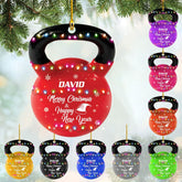 mostprints Personalized Dumbbell Ornament, Fitness Gift for Gym Workout Trainer Coach Instructor, Barbell Weight Plates Custom Ornament for Weightlifter, Weightlifting Ornament (D2)