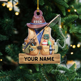Personalized Fishing Christmas Ornament, Fishing Vest and Hat with Bobber and Fishing Pole Accessories for Fisherman Hanging Christmas Ornament, Fishing Ornament (Acrylic, Style 12)