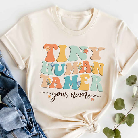 Personaized Teacher Name Tiny Human Tamer T-shirt, Back to school Women Teacher Shirts