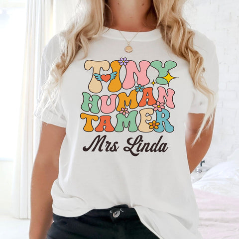 Custom Teacher Name Tiny Human Tamer T-shirt, Back to school Women Teacher Shirts