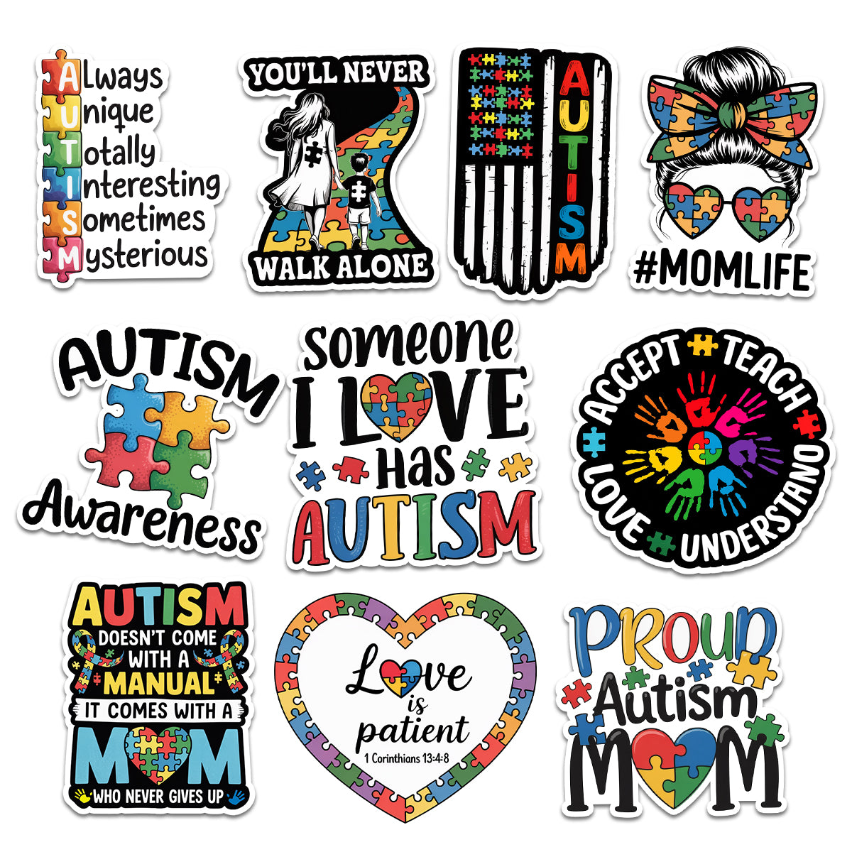 10pcs Autism Awareness Sticker, Sticker for Laptops Car Window Hard Hats Helmets Water Bottles, Bumper Stickers Waterproof Vinyl Decals