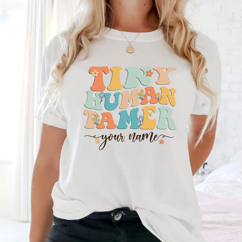 Personaized Teacher Name Tiny Human Tamer T-shirt, Back to school Women Teacher Shirts
