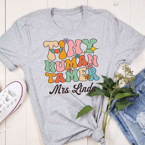 Custom Teacher Name Tiny Human Tamer T-shirt, Back to school Women Teacher Shirts