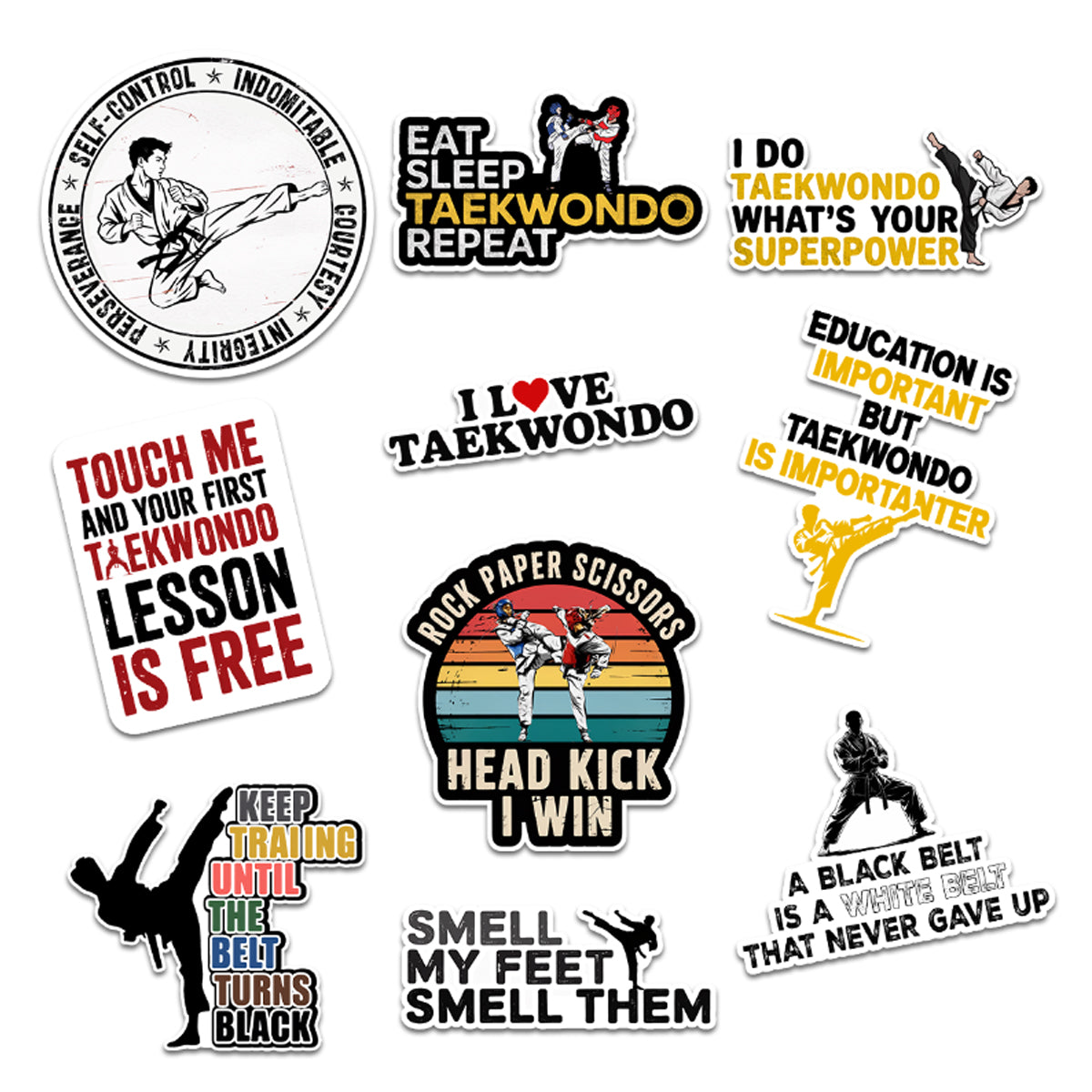 (10PCS) Taekwondo Sticker 3in, Decals for Taekwondo Students, Masters, and Sports Warriors, Waterproof sticker for Lapto, Water Bottle Notebook Phone Case