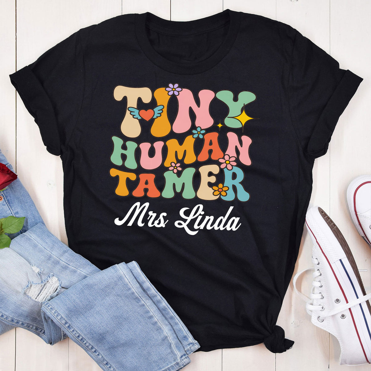 Custom Teacher Name Tiny Human Tamer T-shirt, Back to school Women Teacher Shirts
