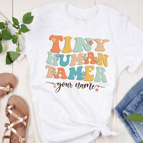 Personaized Teacher Name Tiny Human Tamer T-shirt, Back to school Women Teacher Shirts