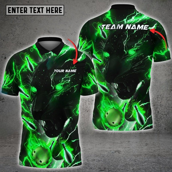 Mostprints Bowling & Pins Black Panther Green Premium Customized Name, Team Name 3D Polo Shirt