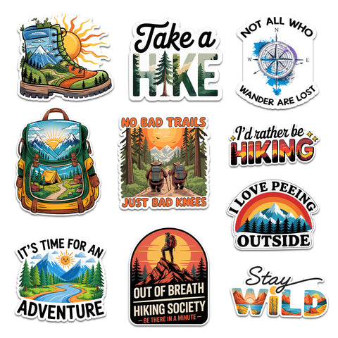 (10PCS) Outdoor Adventure Hiking Camping Stickers 3in, Sticker for Water Bottle, Waterproof Vinyl Wilderness Nature Travel Wildlife Laptop Decals