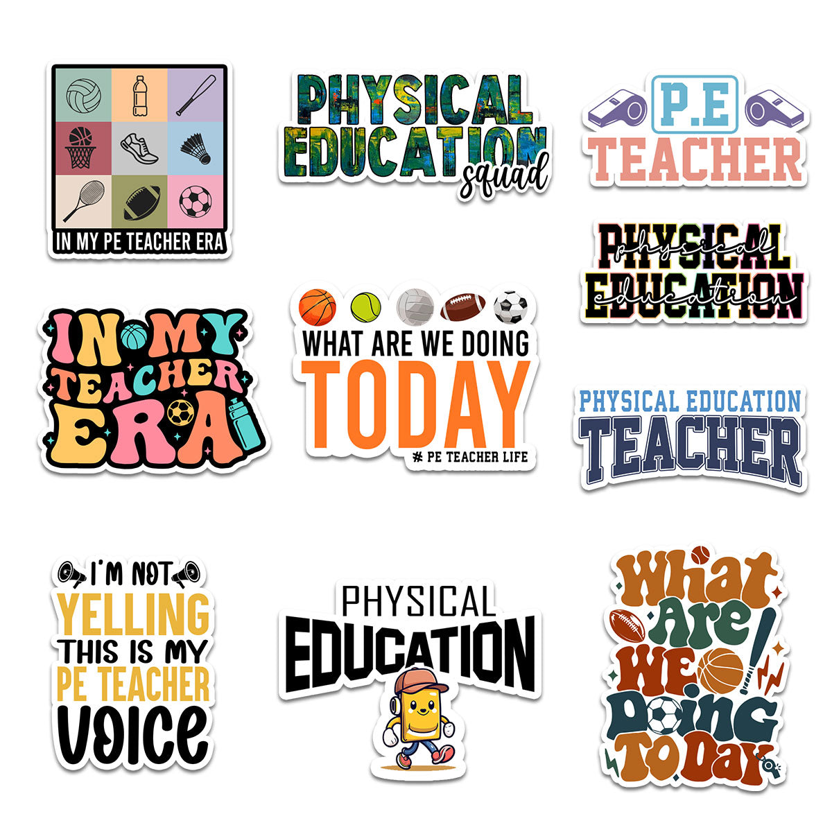 (10PCS) Physical Education Teacher Sticker 3in, Vinyl Decals for PE Teachers, Coaches, and Active Classrooms, Waterproof sticker for Laptop Water Bottle Notebook Clipboard