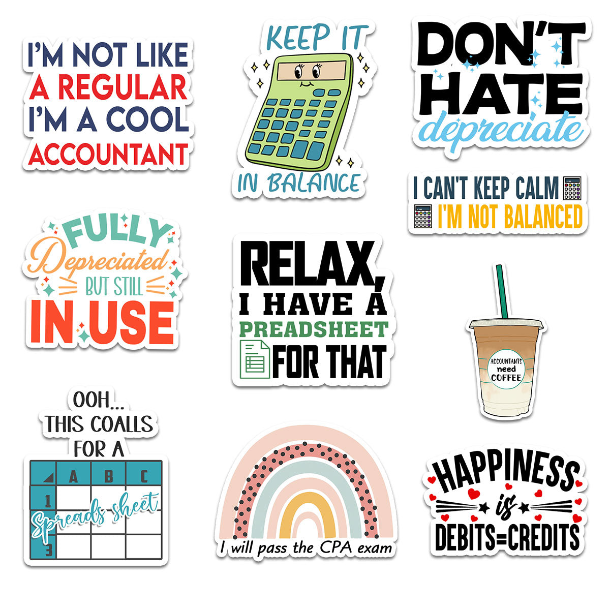 10PCS Accountant Stickers 3in, Funny CPA Gift Tax Season Accounting Spreadsheet Vinyl Decal Multiple Design, Waterproof sticker for Water Bottle Scrapbook Laptop
