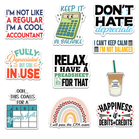 10PCS Accountant Stickers 3in, Funny CPA Gift Tax Season Accounting Spreadsheet Vinyl Decal Multiple Design, Waterproof sticker for Water Bottle Scrapbook Laptop