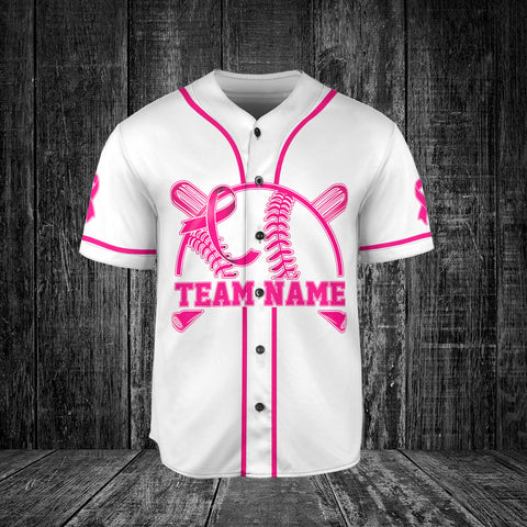 Custom Name Number Team Name Breast Cancer Baseball Jersey, Breast Cancer Survivor Pride shirt for women men