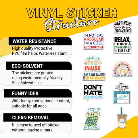 10PCS Accountant Stickers 3in, Funny CPA Gift Tax Season Accounting Spreadsheet Vinyl Decal Multiple Design, Waterproof sticker for Water Bottle Scrapbook Laptop
