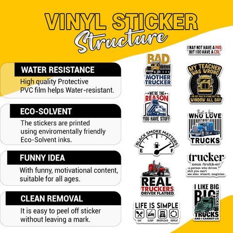 10PCS Truck Driver Sticker 3in, Funny Vinyl Decals for Long Haul Drivers, Semi Truck Fans and Road Lover, Waterproof sticker for Laptop Water Bottle Notebook Phone Case
