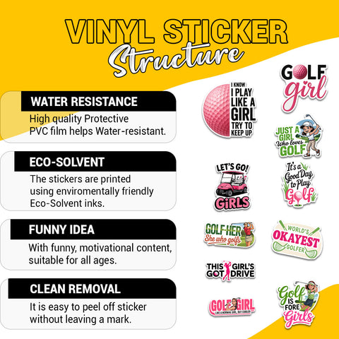 (10PCS) Cute Golf Girl Stickers 3in, Cool Sport Golf Stickers for Laptop water bottle Scrapbooking, Golfing Stickers, Golf Decorations for Party