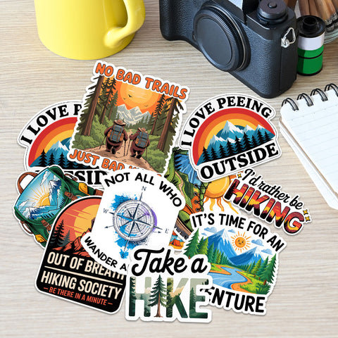 (10PCS) Outdoor Adventure Hiking Camping Stickers 3in, Sticker for Water Bottle, Waterproof Vinyl Wilderness Nature Travel Wildlife Laptop Decals