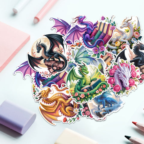 (10PCS) Fire Dragon Stickers 3in, Fantasy Dragons Stickers for Water Bottle Laptop, Kids gift Stickers Pack, book lover sticker
