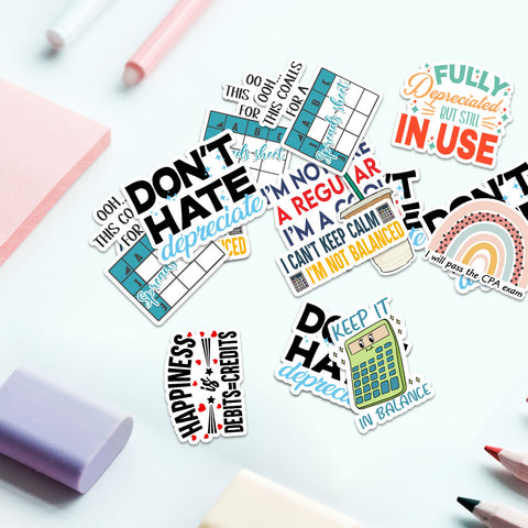 10PCS Accountant Stickers 3in, Funny CPA Gift Tax Season Accounting Spreadsheet Vinyl Decal Multiple Design, Waterproof sticker for Water Bottle Scrapbook Laptop