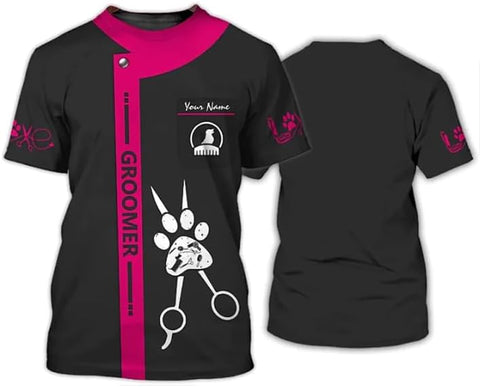 MAPrints Personalized Dog Grooming 3D Shirt, Custom Pet Spa Short Sleeve T-Shirt Cute Pet Grooming Summer Tshirt for Women