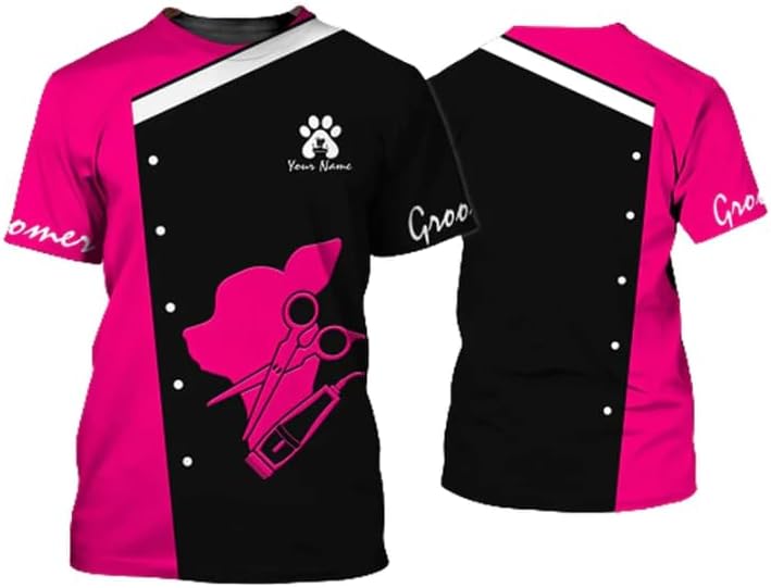 MAPrints Personalized Dog Grooming 3D Shirt, Custom Pet Spa Short Sleeve T-Shirt Cute Pet Grooming Summer Tshirt for Women