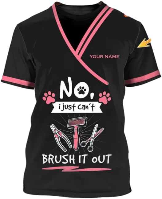 Pretyprints Personalized Dog Grooming 3D Shirt, Custom Pet Spa Short Sleeve T-Shirt Cute Pet Grooming Summer Tshirt for Women