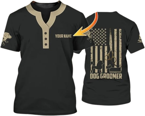 Pretyprints Personalized Dog Grooming 3D Shirt, Custom Pet Spa Short Sleeve T-Shirt Cute Pet Grooming Summer Tshirt for Women