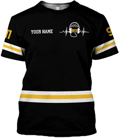 Leeprints Personalized 911 Dispatcher 3D Shirt, Custom Dispatcher 3D T-shirt, Thin Gold Line Flag 3D Shirts, Dispatcher