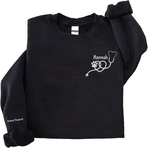 Intenprints Personalized Vet Embroidered Sweatshirt, Veterinarian Shirt with Name, Vet Tech Gift, Stethoscope and Dog Cat Paw