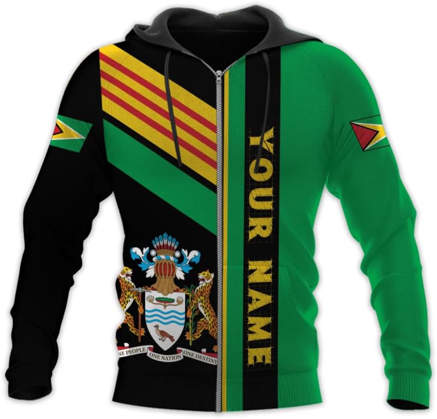 Leprints Personalized Guyana Hoodie 3D Guyanese Coat of Arms Flag Guyana 3D Sweatshirt Guyana Guyanese Pride Gift Zip Hoodie