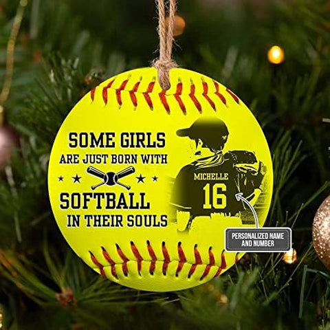TinoShop Personalized Softball Ornament Girls with Softball in Their Souls Circle Ornament Ceramic Ornaments Christmas Tree Hanging Pine Tree (Softball 1)