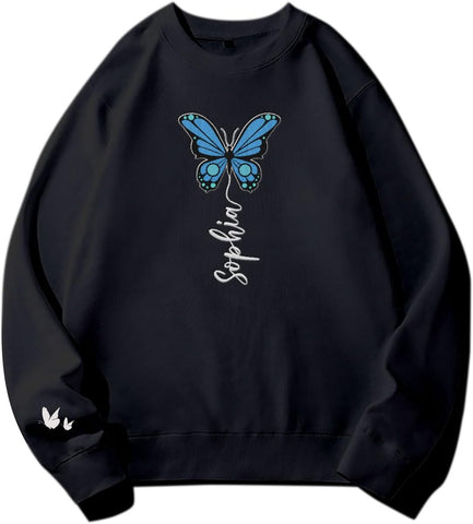 Podagree Personalized Butterfly Embroidered Sweatshirt, Custom Pink Butterfly Hoodie Name FLower Graphic