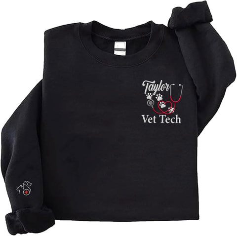 Intenprints Personalized Vet Embroidered Sweatshirt, Veterinarian Shirt with Name, Vet Tech Gift, Stethoscope and Dog Cat Paw