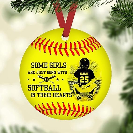 Artparel Personalized Softball Ornament Christmas Tree Decoration Custom Softball Christmas Ornament 2D Shape Flat Softball Lover Gifts Beginner Softball Players Ornament Gift (SBC7)