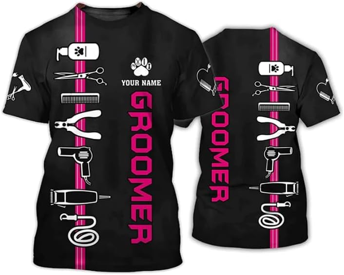MAPrints Personalized Dog Grooming 3D Shirt, Custom Pet Spa Short Sleeve T-Shirt Cute Pet Grooming Summer Tshirt for Women