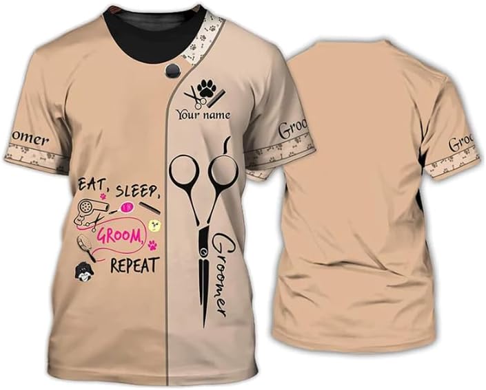 MAPrints Personalized Dog Grooming 3D Shirt, Custom Pet Spa Short Sleeve T-Shirt Cute Pet Grooming Summer Tshirt for Women
