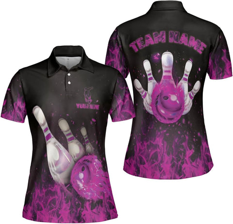 Custom 3D Bowling Polo Shirts for Women Personalized Team Name Gift Womens Customized Funny Bowling Short Sleeve Polo Shirt