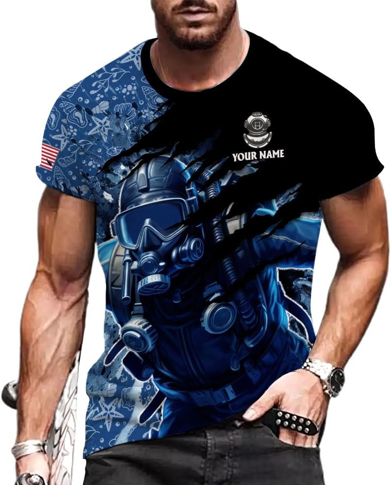 Custom Name Scuba Shirt, Scuba Shirts Mens American Flag Scuba Diving Scuba Shirt Scuba Diver Snorkeling T-Shirt Scuba Gifts (Polyester, SD10)