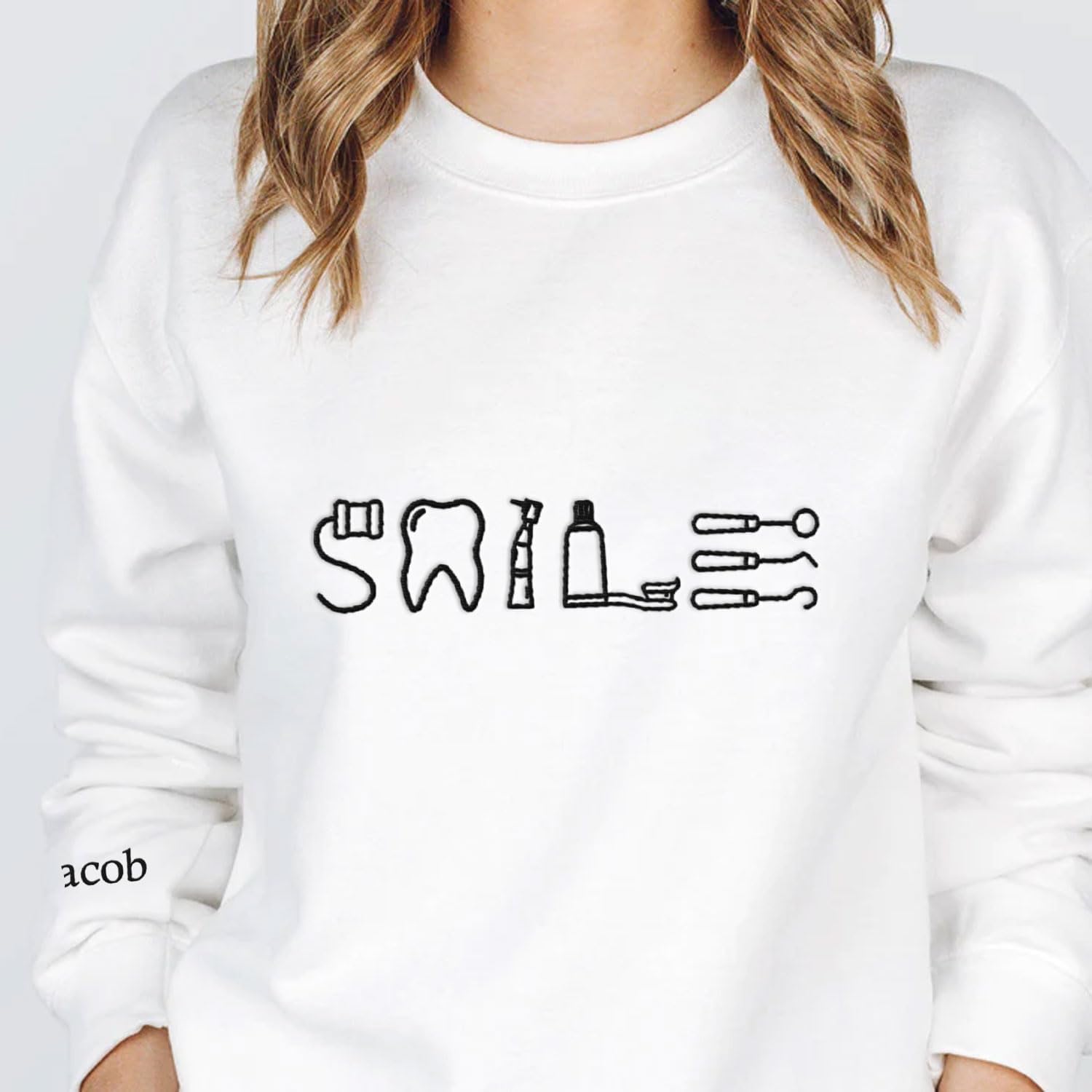 Personalized Dental Assistant Dental Hygienist Embroidered Sweatshirt Crew Neck Smile Dental Teeth Dentist Shirt Long Sleeve