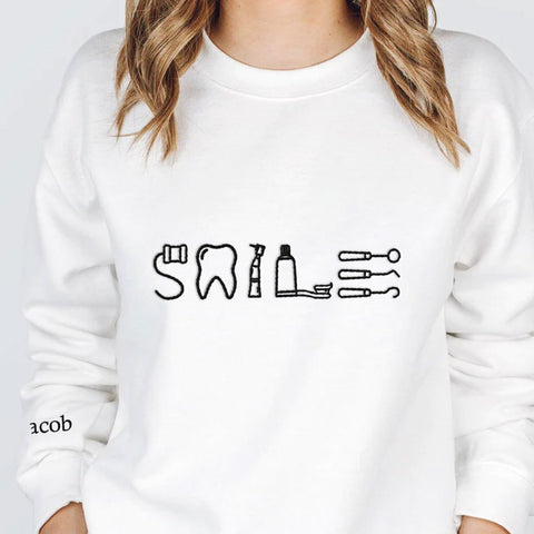 Personalized Dental Assistant Dental Hygienist Embroidered Sweatshirt Crew Neck Smile Dental Teeth Dentist Shirt Long Sleeve