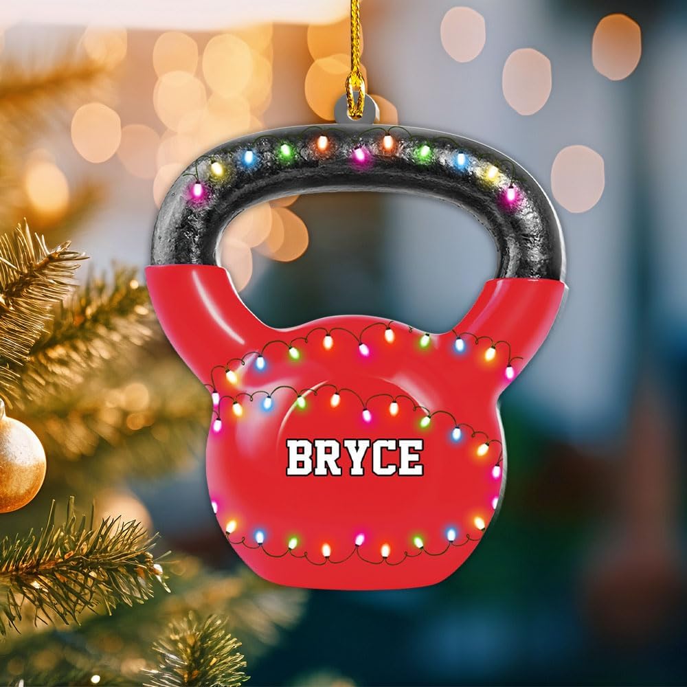mostprints Personalized Dumbbell Ornament, Fitness Gift for Gym Workout Trainer Coach Instructor, Barbell Weight Plates Custom Ornament for Weightlifter, Weightlifting Ornament (D5)