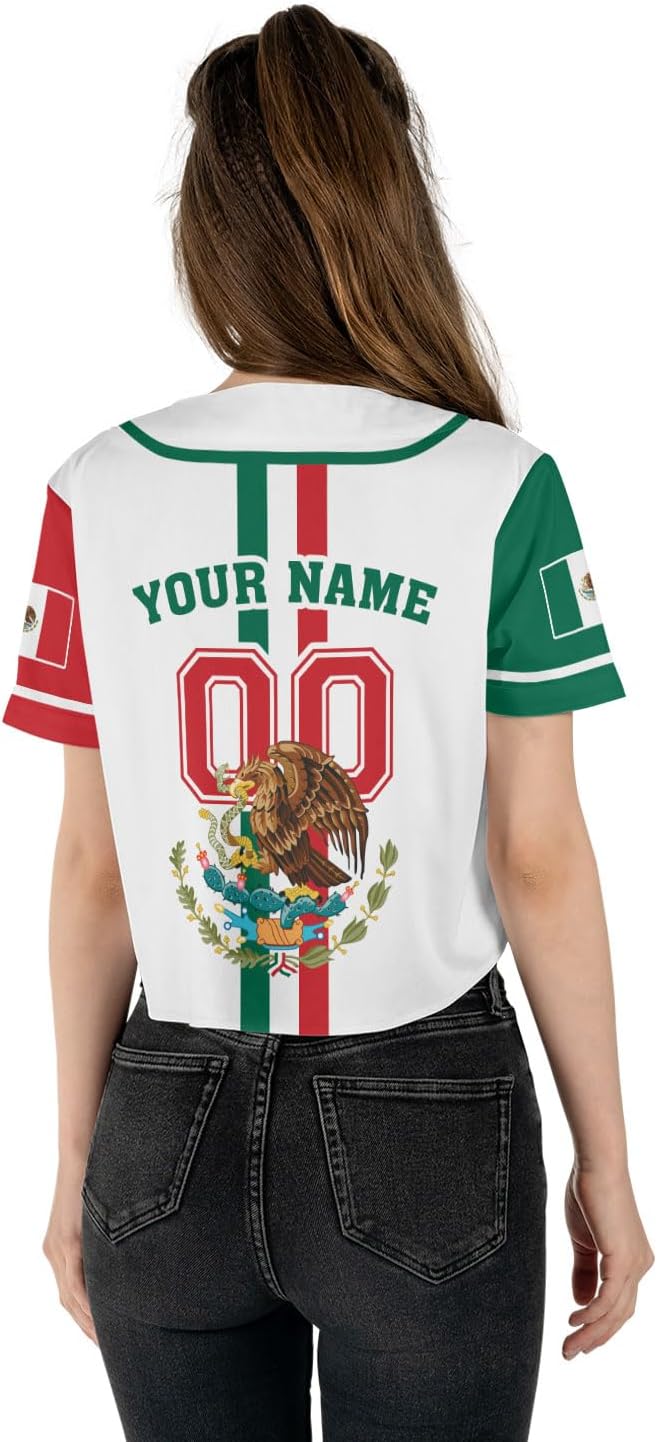 Mostprints Personalized Name Number Mexico Baseball Jersey Croptop Shirt, Mexican Shirts for Women, Mexico Shirts for Women