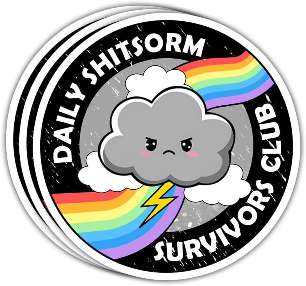 3Pcs Daily Shitstorm Survivor Club Sticker Rainbow Gift Daily Shitstorm Survivors Club Stickers Anxiety Sarcastic Moody Rainbow Cloud Coworkers Decal for Laptop Bottle Phone Car Hard Hat 3"x3"
